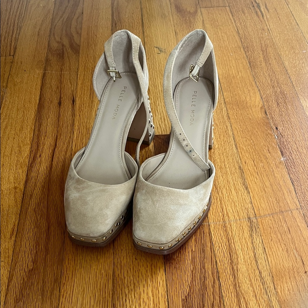 Pelle Moda Tan Suede Stud-Trim Platform Ankle-Strap Heels